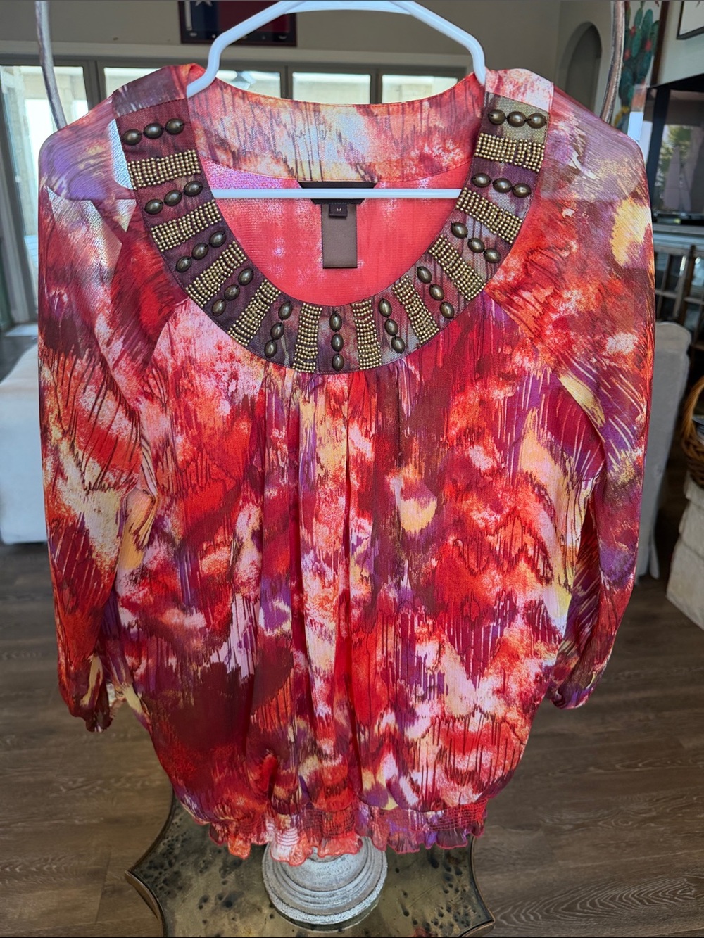 Multiples Red Multicolor Beaded-Neck Blouse